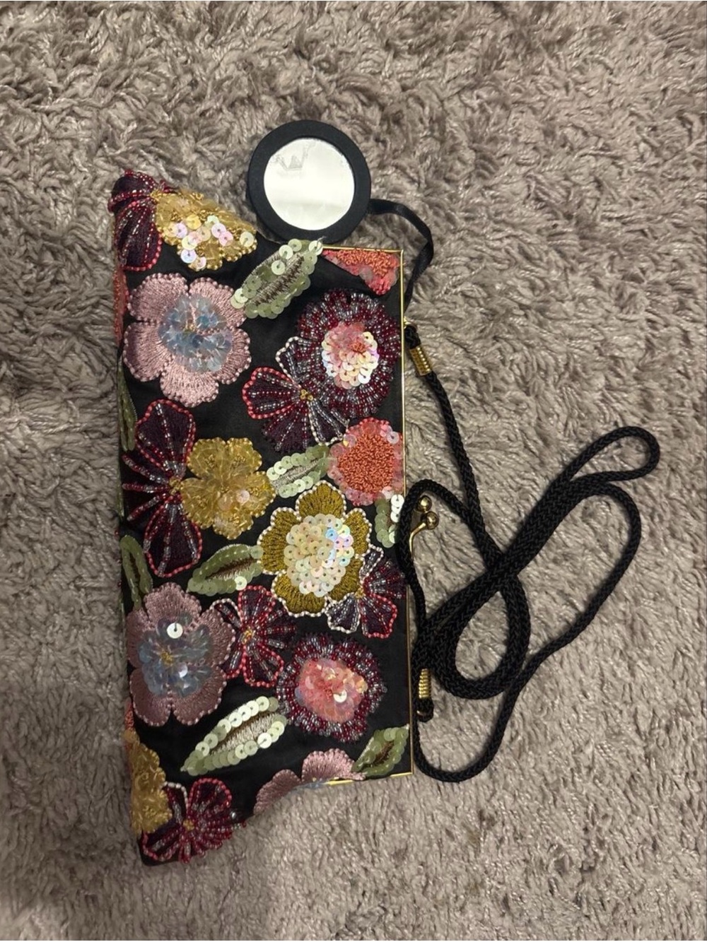 Valerie Stevens Black Floral Sequin Crossbody Clutch